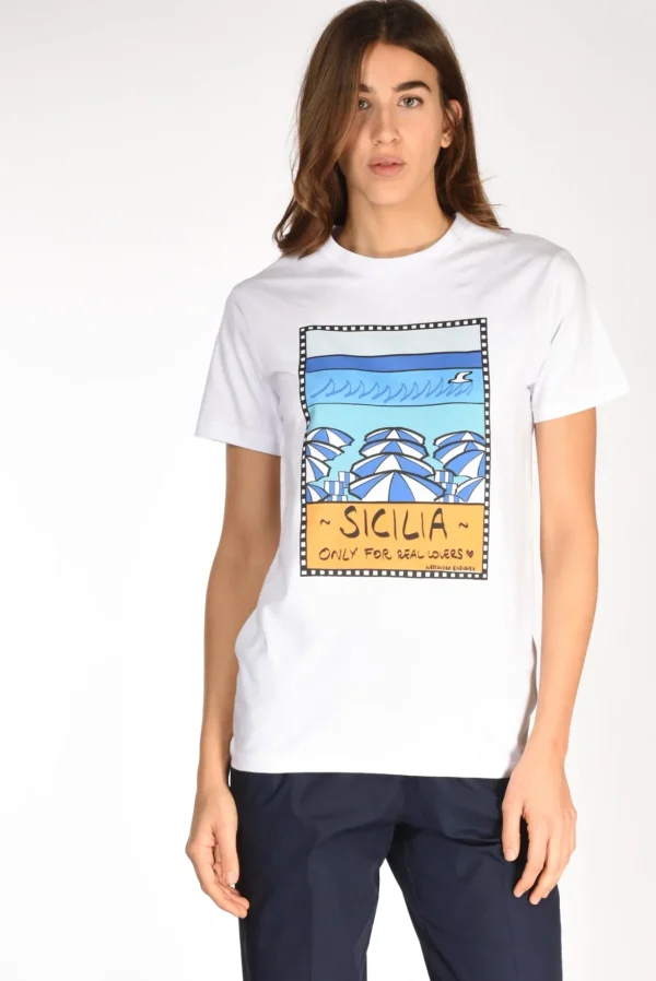 tshirt stampa bianco/arancio/azzurro
